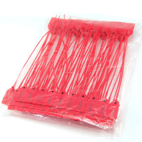 Built To Last Plastic Tamper Seals With Serial Numbers 250mm Self Locking Zip Tie Tags In Red in a plastic bag, top view.