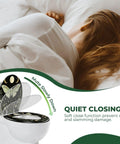 Elongated Resin Toilet Seat for Bathroom showing a quiet closing feature with a butterfly design, suitable for restful use.