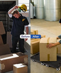 Before and after using Heavy Furniture Moving Dollies With Wheels Set Of 2 for lifting boxes in a warehouse setting.