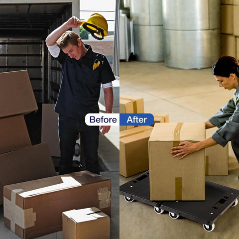 Before and after using Heavy Furniture Moving Dollies With Wheels Set Of 2 for lifting boxes in a warehouse setting.