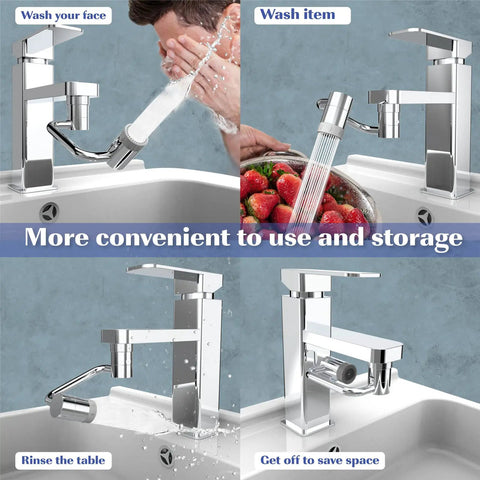 1080 Degree Swivel Faucet Extender With Robotic Arm Aerator in various kitchen and bathroom uses