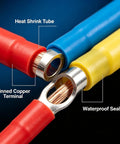 Top Tier 180 Piece Heavy Duty Heat Shrink Wire Connector Kit With Waterproof Marine Grade Ring Fork Spade Butt Terminal Assortment close-up of heat shrink tube and tinned copper terminal.