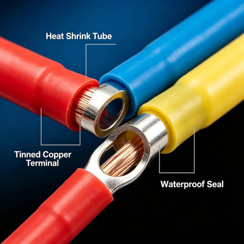 Top Tier 180 Piece Heavy Duty Heat Shrink Wire Connector Kit With Waterproof Marine Grade Ring Fork Spade Butt Terminal Assortment close-up of heat shrink tube and tinned copper terminal.