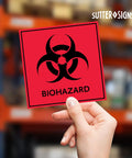 Heavy Duty Biohazard Stickers And Warning Decals Built Tough For Labs And Hospitals Includes Straight Up Essential Durable Vinyl Labels In A Solid Pack Of Ten For Zero Hassle Safety, showing a hand holding a bright red biohazard sticker.