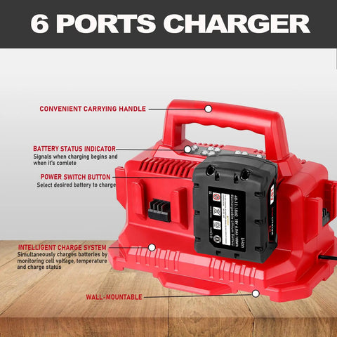 Red Six Port Fast Charger for M18 Batteries Replacement Battery Charger with LED indicators and carry handle on wooden surface.