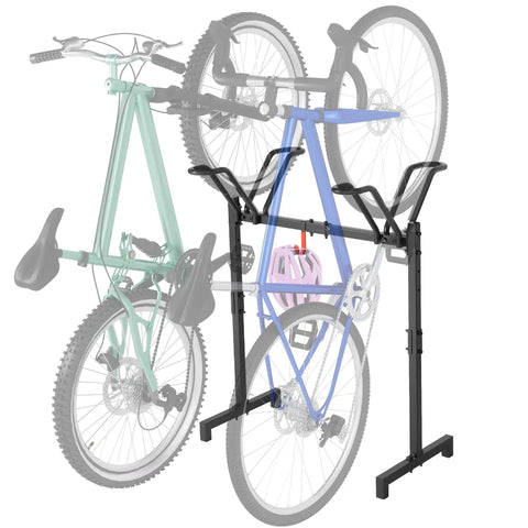 Two Bike Floor Stand Freestanding Bicycle Parking Rack For Garage Indoor Outdoor With Hooks Durable Metal Cycle Storage Organizer For Road And Mountain Bikes Adjustable Tire Width displaying two mounted bikes.