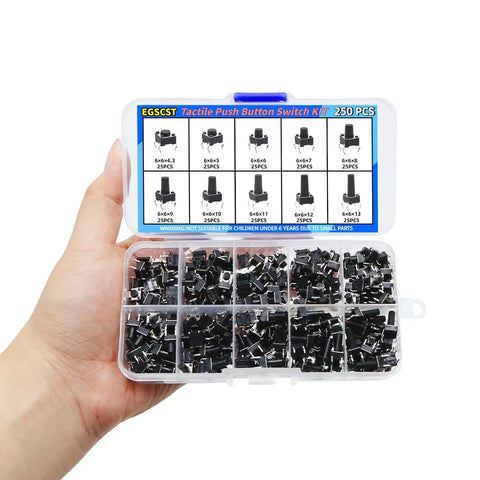 250 Piece 10 Value 6x6mm Tactile Push Button Switch Kit For Arduino And Breadboard Projects in a transparent case