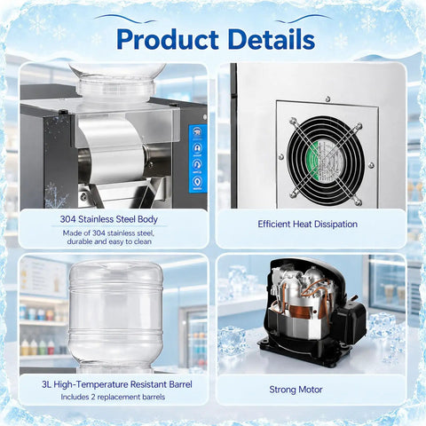 Commercial Flake Ice Maker Hits Speed Records In Three Seconds Flat While Pushing 120 Kilograms Daily Inside A Heavy Duty Steel Casing Built For Busy Venues That Want Hella Quick Frost And Zero Maintenance Anytime showing 304 stainless steel body, heat dissipation, and components.