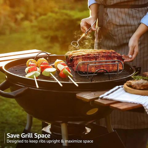 Nonstick Rib Rack For Grilling And Smokin Holds Four Rib Racks Porcelain Coated Steel Stand on a grill with skewers