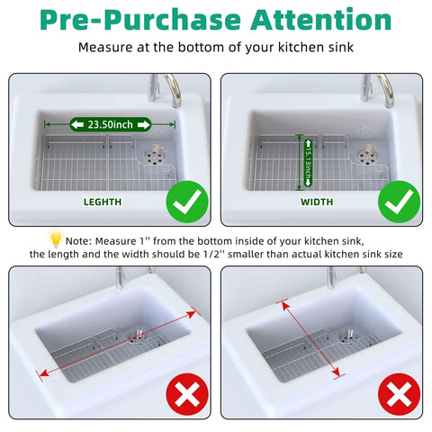 Diagram showing measurements for Stainless Steel Sink Racks For Kohler Whitehaven K-6486 K-6487 in a white basin.