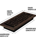 Slick Oriental Style Floor Register 4x10 Inches Rubbed Bronze Finish Decorative Steel Vent Grate With Damper Box dimensions shown