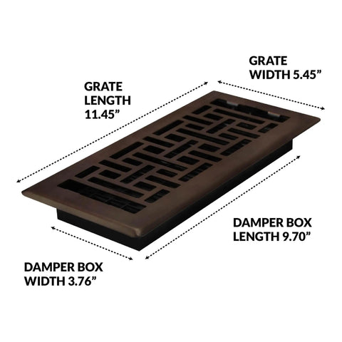 Slick Oriental Style Floor Register 4x10 Inches Rubbed Bronze Finish Decorative Steel Vent Grate With Damper Box dimensions shown