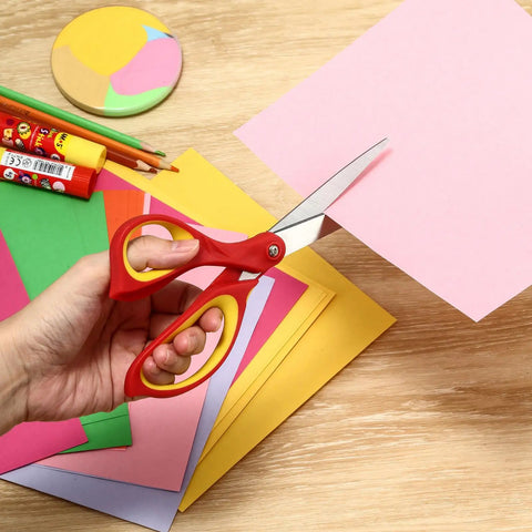 Left Handed 8.5 Inch Heavy Duty Scissors 3 Pack, red and yellow, cutting pink paper for crafts