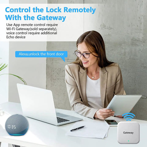Woman using tablet to control keyless entry door lock remotely with gateway, featuring Echo device and gateway unit.