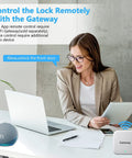 Woman using Keyless Fingerprint Smart Door Lock With Touchscreen Keypad And Auto Locking For Home Office Airbnb And Rental Properties Aged Bronze Finish With App Control And Guest Access via tablet.