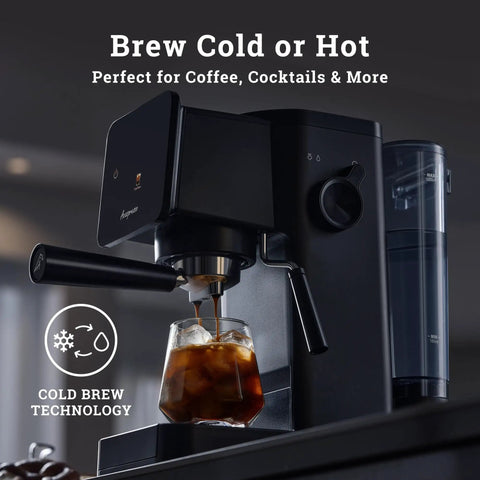 Badass Home Espresso Maker With Slick Touchscreen Interface And 20 Bar Pump Pulls Knockout Shots For Smooth Lattes Or Quick Cold Brew Featuring Full Milk Frothing Setup With Generous 41oz Water Tank brewing iced coffee with cold brew technology.