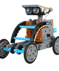 12 In 1 Solar Power Robot Kit For Kids Aged 8 To 13, STEM Building Toy featuring a wheeled robot design with visible gears.