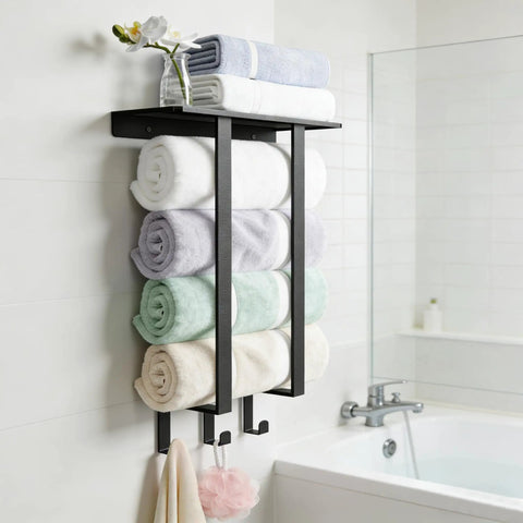 Compact Bathroom Towel Rack With Shelf And Three Hooks, Wall Mounted Towel Storage For Rolled Towels, Holds Up To Six Towels