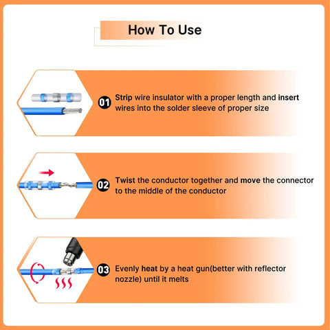 Instructions for using All-in-One Heat Shrink Solder Seal Wire Connectors Kit With Wire Stripper And Heat Gun, 2000Pcs Waterproof Solder Stick Butt Connectors, Pro-Grade Electrical Wiring Kit For Marine And Automotive Projects, showing steps to strip, connect, and heat wires.