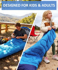 Three Season Camping Sleeping Bag For Adults And Kids Lightweight Weather Resistant And Waterproof Perfect For Spring Summer Fall Outdoors Keeps You Warm To About 10 To 20 Degrees Essential Hiking And Camping Gear used by an adult and a child outdoors.