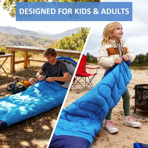Three Season Camping Sleeping Bag For Adults And Kids Lightweight Weather Resistant And Waterproof Perfect For Spring Summer Fall Outdoors Keeps You Warm To About 10 To 20 Degrees Essential Hiking And Camping Gear used by an adult and a child outdoors.