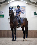 Loire Classic Dressage Square Navy Large With Woven Satin Shine And Bamboo Breathable Comfort Ultra Soft Dressage Pad on horse