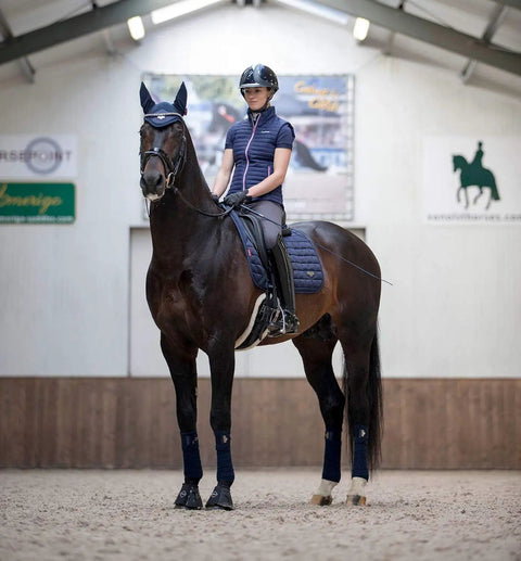 Loire Classic Dressage Square Navy Large With Woven Satin Shine And Bamboo Breathable Comfort Ultra Soft Dressage Pad on horse
