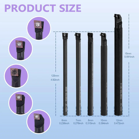 Indexable Lathe Internal Boring Bar Kit With Five Tool Holders And Ten CCMT21 51 Carbide Inserts For S06K S07K S08K S10K S12M SCLCR06 Pro Grade Heavy Duty 40Cr Steel Handle Tools Set - front view with size chart
