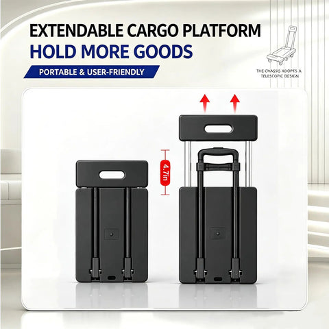 Six Wheel Platform Push Cart With Foldable Dolly Hand Truck Heavy Duty Moving Cart For Home Office And Shop Smooth Rolling With Four Universal And Two Fixed Wheels Space Saving Flat Fold Design, folded and open view