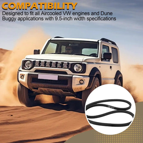 White SUV with drift dust, inset of VW Aircooled Stock Size Drive Belt For Dune Buggy Builds And VW Engines 9.5 Inch Wide
