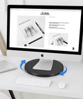Heavy Duty Lazy Susan 10 Inch With Steel Ball Bearings under monitor with keyboard on desk, showing smooth rotation for workspace.