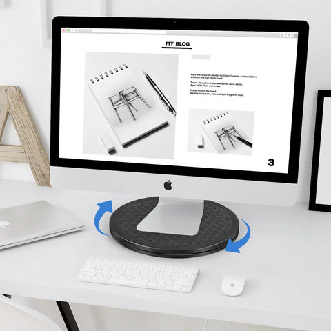 Heavy Duty Lazy Susan 10 Inch With Steel Ball Bearings under monitor with keyboard on desk, showing smooth rotation for workspace.
