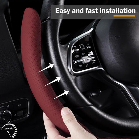 Slick And Hella Comfortable Premium Perforated Leather Steering Wheel Cover in wine red being installed on a vehicle's steering wheel.
