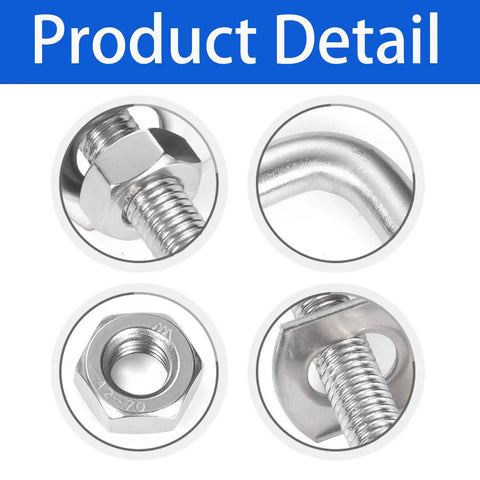 Close-up of Square U Bolts Kit 2-1/2 Inch Stainless Steel with nuts and bolt details for car, RV, trailer, boat fastening.