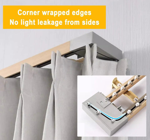 Wood Grain Curtain Rods With Snag Free Double Track Sliding Rail System For Windows Heavy Duty Aluminum Curtain Pole For Privacy Or Space Dividing Adjustable 4 To 16 Ft Wall Divider Track, corner-wrapped edges