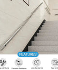 Heavy Duty Wall Mount Stainless Steel Stair Railing For Indoor Outdoor Decks And Porches Built Solid With Rust Proof Silver Round Tube Handrail, mounted on stairs.
