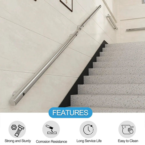 Rock Solid Wall Mounted Stainless Steel Stair Railing Featuring Secure Grip For Indoor Outdoor Steps No Sweat Installation Heavy Duty Silver Round Safety Handrail with strong grip along stairway.