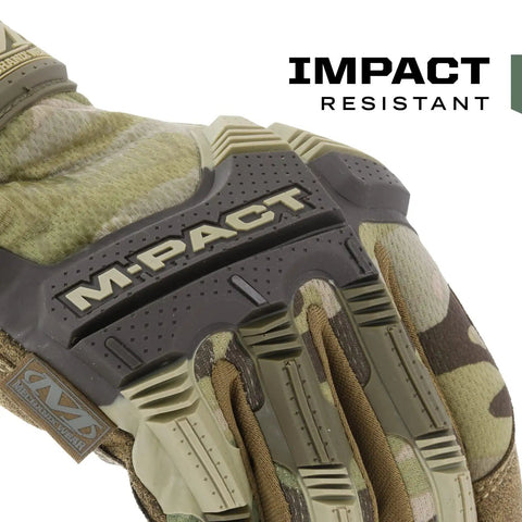 Close-up of M-Pact Tactical Gloves With Secure Fit And Touchscreen Capability, MultiCam camouflage and impact-resistant features.