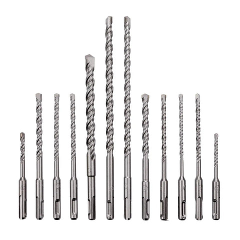 Heavy Duty SDS Plus Masonry Drill Bit Set 17 PC Carbide Tipped Four Flute Bits For Impact Rotary Hammers arranged in size order
