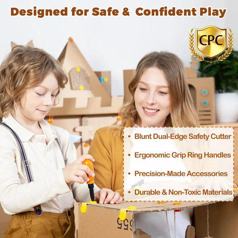 Kids Cardboard Construction Tool Set With Safe Kid Friendly Hands On Drill And Tool Belt 258 Pieces STEM Building Kit For Hands On Creative Projects And DIY Engineering Fun For Boys And Girls At Home Or In School, child using cardboard drill