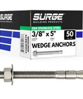 Heavy Duty 3/8 Inch By 5 Inch 304 Stainless Steel Wedge Anchors For Concrete And Cement, Corrosion Resistant Anchors For Outdoor And Coastal Applications, Box Of 50 with product in front