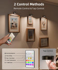 EZVALO wall picture lights (3-pack) mounted above art; rechargeable battery, remote dimmable, 3 color temps, 12 RGB