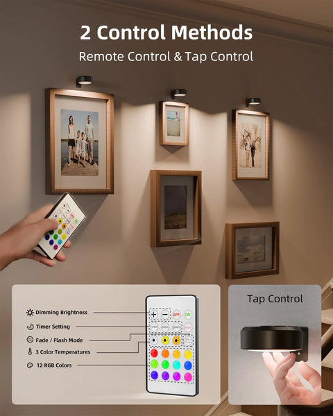 EZVALO wall picture lights (3-pack) mounted above art; rechargeable battery, remote dimmable, 3 color temps, 12 RGB