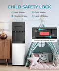 Bottom Loading Water Cooler Dispenser With Cold Warm And Hot Go To Settings For 5 Gallon Bottle LED Display Light And Child Lock Built For Home Office Apartment Black with child safety lock detail.