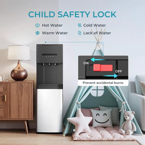 Bottom Loading Water Cooler Dispenser With Cold Warm And Hot Go To Settings For 5 Gallon Bottle LED Display Light And Child Lock Built For Home Office Apartment Black with child safety lock detail.
