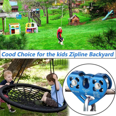 Zipline Pulley System With 30KN Double Tandem Trolley And 25KN Carabiner used in a backyard zipline setup with children playing