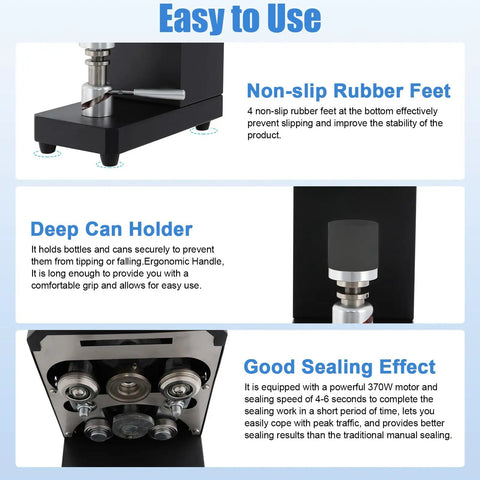 Pro Grade 370W Automatic Sealing Machine non-slip feet, can holder, and sealing mechanism details