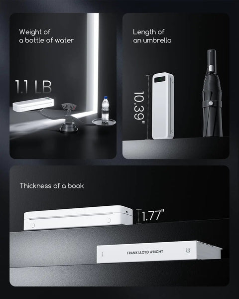 Real Deal Inkless Portable Printer Wireless Bluetooth Thermal Compact Travel Setup Rechargeable Battery, shown beside a bottle of water.