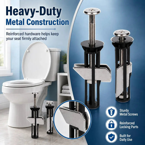 Top Shelf Heavy Duty Toilet Seat Bolt Kit Featuring Rust Resistant Stainless Steel Screws For Universal Bathroom Fixture Repair And A Rock Solid Mount That Keeps Things Tight And Secure, showing metal bolts and screws.
