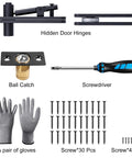 Hidden Door Hinge With Dual Bearing For Silent Operation Heavy Duty Conceal Hinge Supports Up To 573 Lbs 260 Kg Rotation 360 Degree Pivot Set with screws, ball catch, screwdriver, and gloves.
